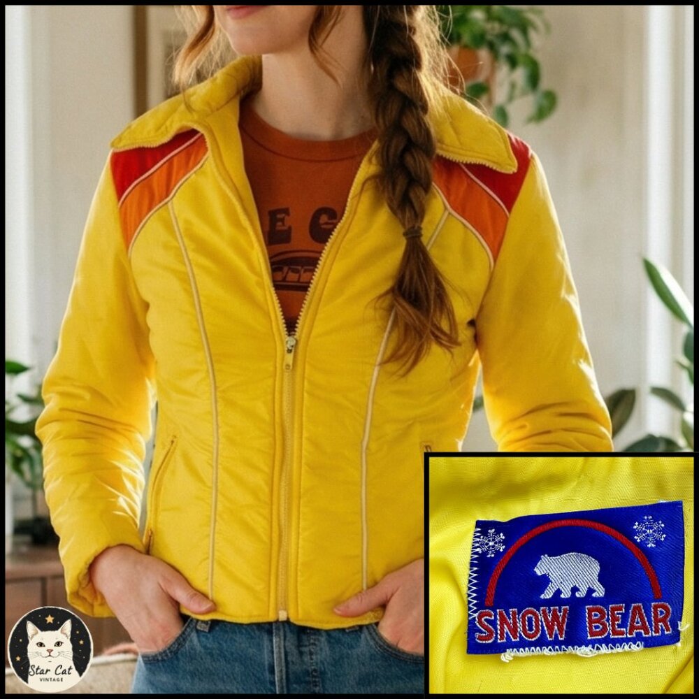Vintage 70s Yellow Puffer Ski Jacket | Retro Apres Ski Coat for Women | Size Sma